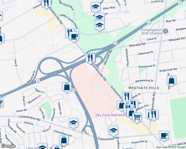 map of restaurants, bars, coffee shops, grocery stores, and more near 2855 Schoenersville Rd in Bethlehem