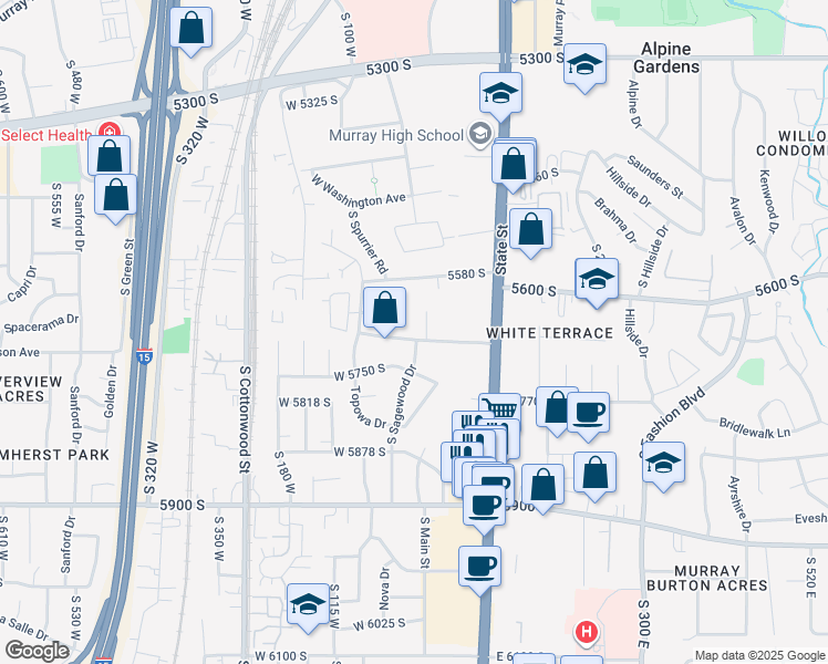 map of restaurants, bars, coffee shops, grocery stores, and more near 28 West Stauffer Lane in Murray