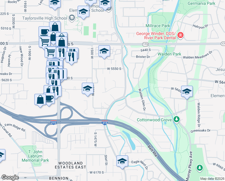 map of restaurants, bars, coffee shops, grocery stores, and more near 1380 South Diane Drive in Taylorsville