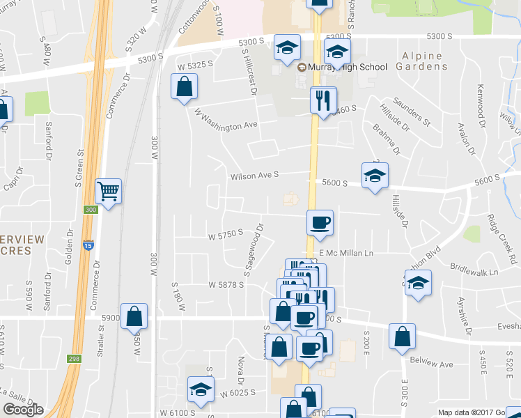 map of restaurants, bars, coffee shops, grocery stores, and more near 28 West Stauffer Lane in Murray