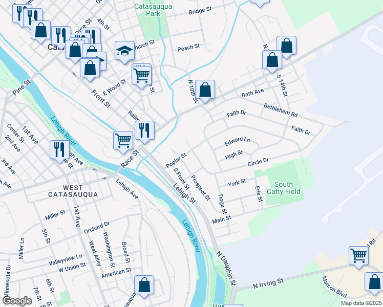 map of restaurants, bars, coffee shops, grocery stores, and more near 147 Poplar Street in Catasauqua