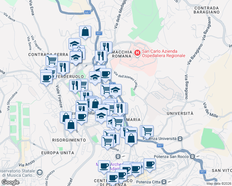 map of restaurants, bars, coffee shops, grocery stores, and more near 11 Via Ettore Ciccotti in Potenza