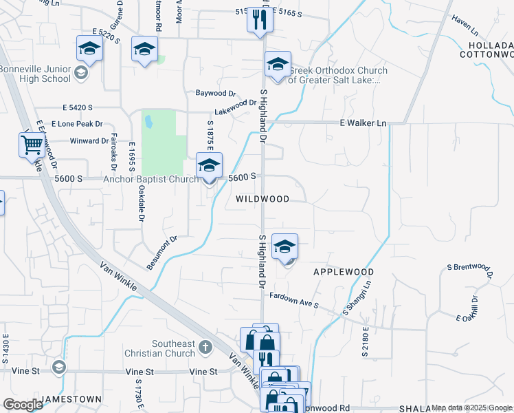 map of restaurants, bars, coffee shops, grocery stores, and more near 5673 Wilson View Court in Holladay