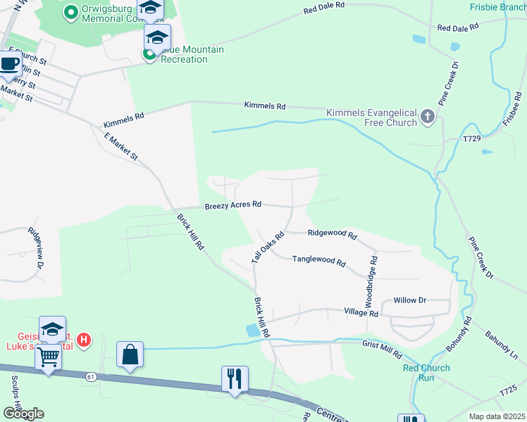 map of restaurants, bars, coffee shops, grocery stores, and more near 1701 Breezy Acres Road in Orwigsburg