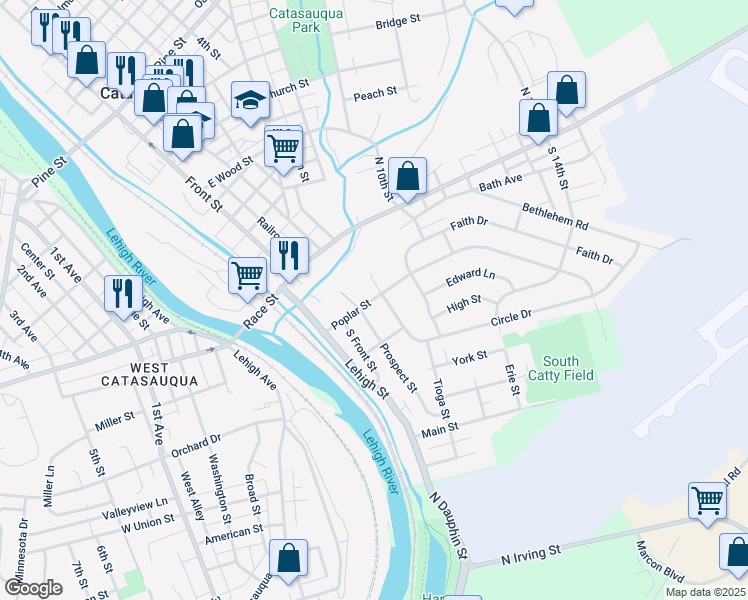 map of restaurants, bars, coffee shops, grocery stores, and more near 147 Poplar Street in Catasauqua