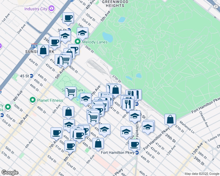 map of restaurants, bars, coffee shops, grocery stores, and more near 735 39th Street in Brooklyn