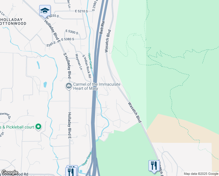 map of restaurants, bars, coffee shops, grocery stores, and more near 5734 Wasatch Boulevard East in Salt Lake City