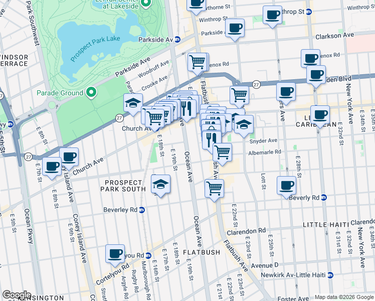 map of restaurants, bars, coffee shops, grocery stores, and more near 605 Ocean Avenue in Brooklyn