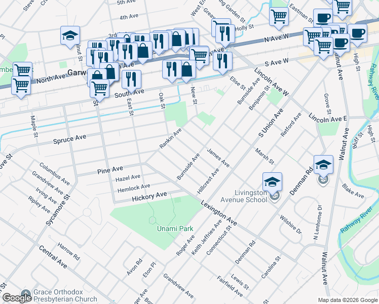 map of restaurants, bars, coffee shops, grocery stores, and more near 117 Besler Avenue in Cranford