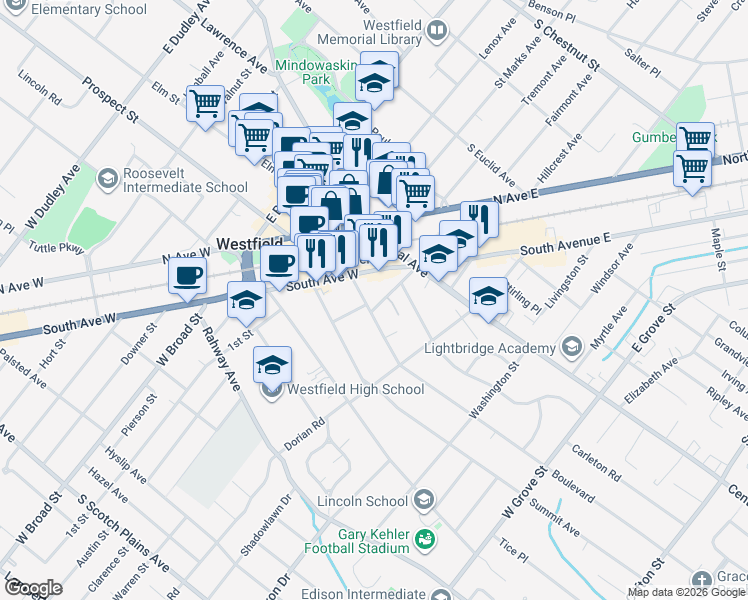 map of restaurants, bars, coffee shops, grocery stores, and more near 427 Boulevard in Westfield