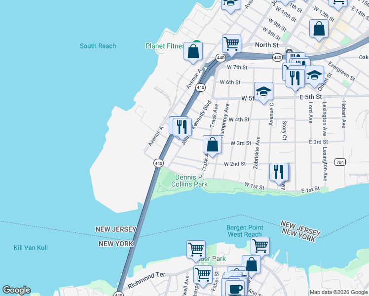 map of restaurants, bars, coffee shops, grocery stores, and more near 50 John F. Kennedy Boulevard in Bayonne
