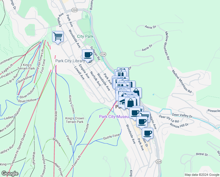 map of restaurants, bars, coffee shops, grocery stores, and more near 950 Park Avenue in Park City