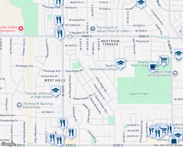 map of restaurants, bars, coffee shops, grocery stores, and more near 5642 Vista Ridge Way in Kearns