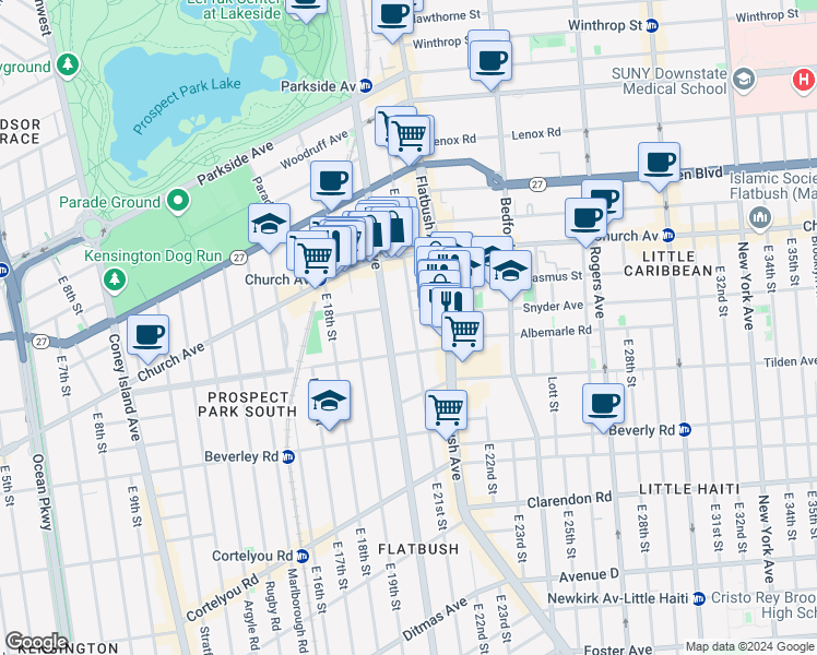 map of restaurants, bars, coffee shops, grocery stores, and more near 575 Ocean Avenue in Brooklyn