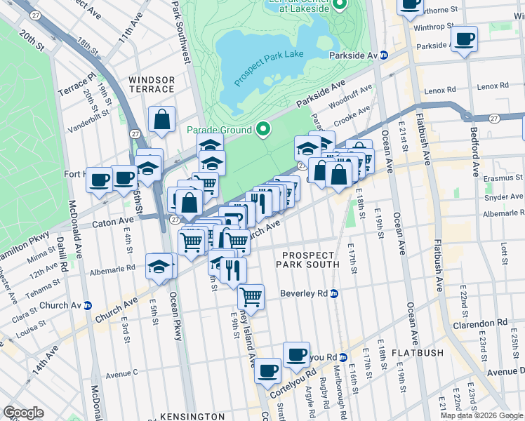 map of restaurants, bars, coffee shops, grocery stores, and more near 15 Stratford Road in Brooklyn