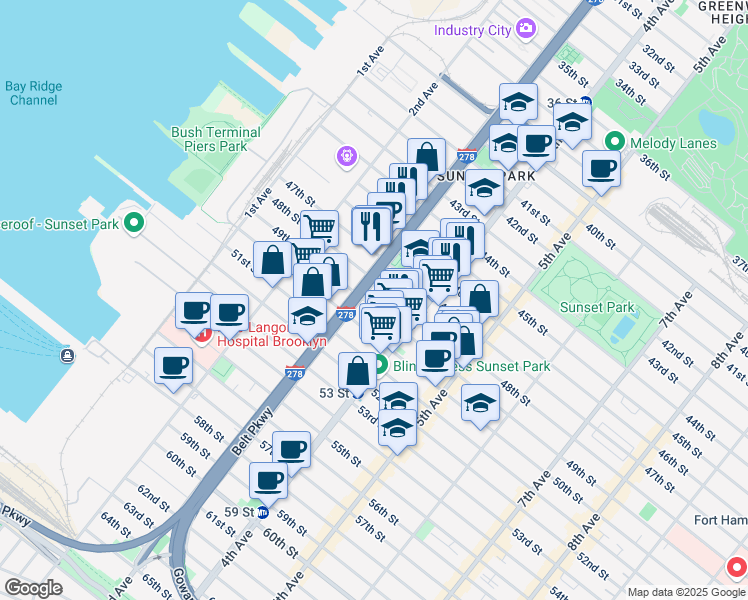 map of restaurants, bars, coffee shops, grocery stores, and more near 322 48th Street in Brooklyn