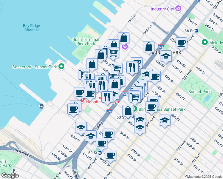 map of restaurants, bars, coffee shops, grocery stores, and more near 240 50th Street in Brooklyn