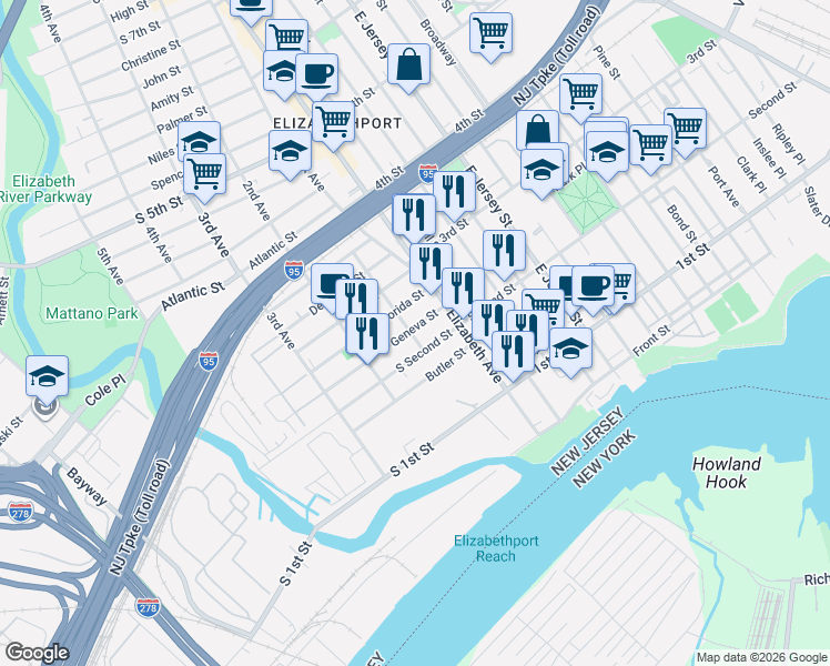 map of restaurants, bars, coffee shops, grocery stores, and more near 25 Geneva Street in Elizabeth