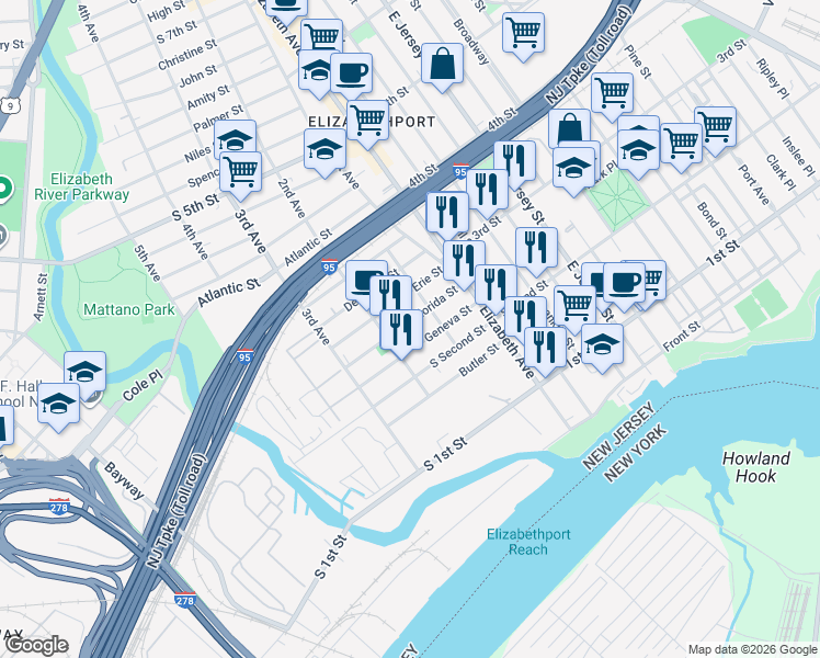 map of restaurants, bars, coffee shops, grocery stores, and more near 53 Florida Street in Elizabeth