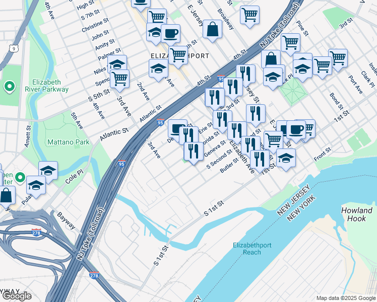 map of restaurants, bars, coffee shops, grocery stores, and more near 53 Florida Street in Elizabeth