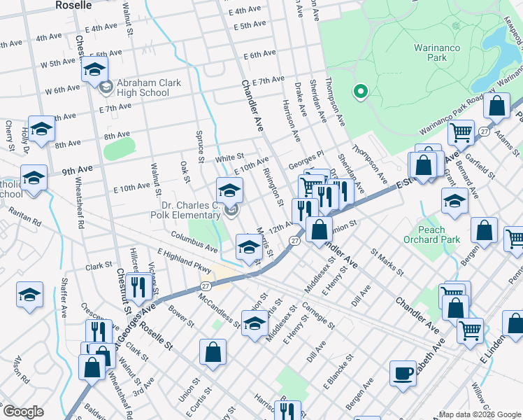map of restaurants, bars, coffee shops, grocery stores, and more near 1100 Frank Street in Roselle