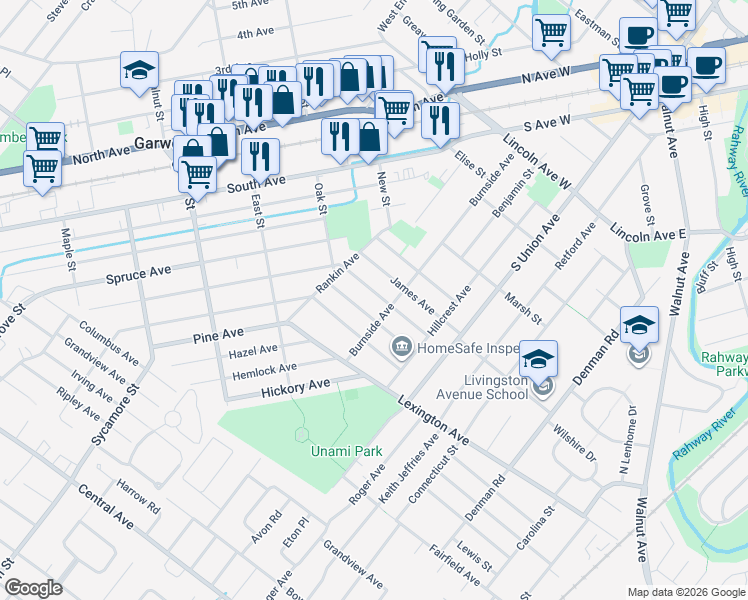 map of restaurants, bars, coffee shops, grocery stores, and more near 117 Besler Avenue in Cranford