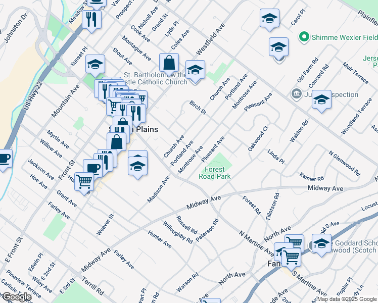 map of restaurants, bars, coffee shops, grocery stores, and more near 590 Forest Road in Scotch Plains