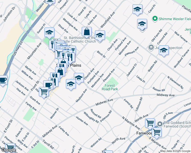 map of restaurants, bars, coffee shops, grocery stores, and more near 590 Forest Road in Scotch Plains