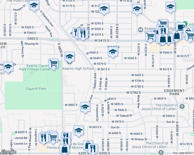 map of restaurants, bars, coffee shops, grocery stores, and more near 5675 Salem Avenue in Kearns