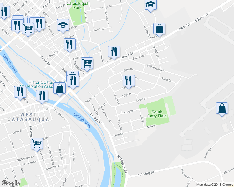 map of restaurants, bars, coffee shops, grocery stores, and more near 85 Faith Drive in Catasauqua