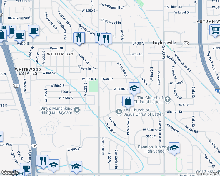 map of restaurants, bars, coffee shops, grocery stores, and more near 3112 West 5685 South in Salt Lake City