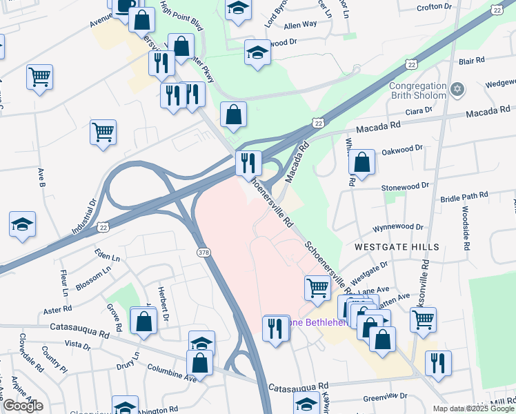map of restaurants, bars, coffee shops, grocery stores, and more near 2855 Schoenersville Road in Bethlehem