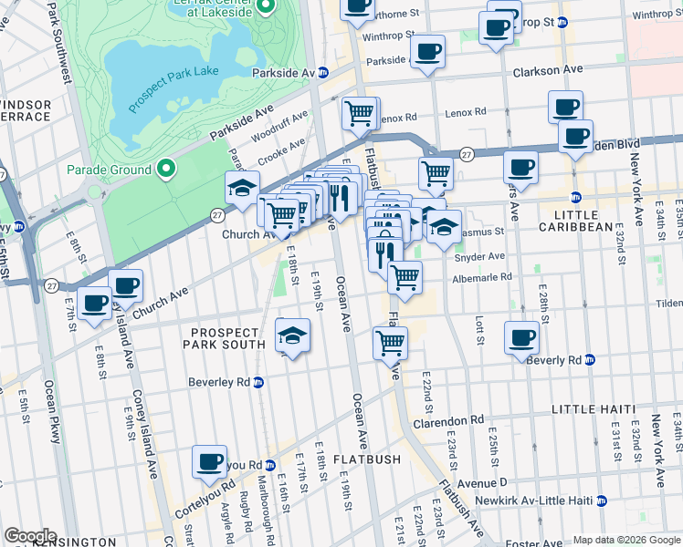 map of restaurants, bars, coffee shops, grocery stores, and more near 603 Ocean Avenue in Brooklyn