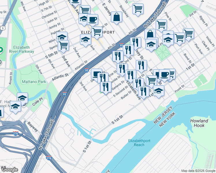 map of restaurants, bars, coffee shops, grocery stores, and more near 53 Florida Street in Elizabeth