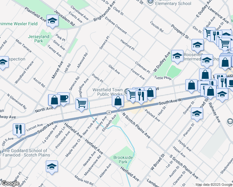 map of restaurants, bars, coffee shops, grocery stores, and more near 609 Short Hills Court in Westfield