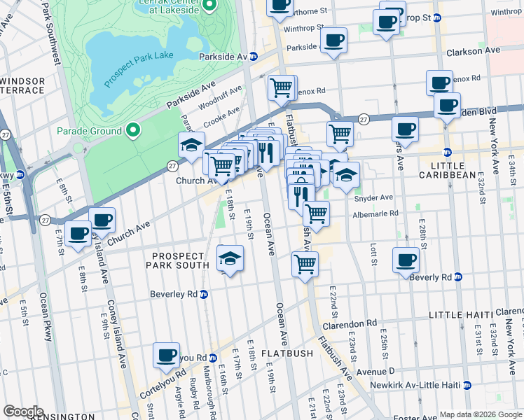 map of restaurants, bars, coffee shops, grocery stores, and more near 575 Ocean Avenue in Brooklyn