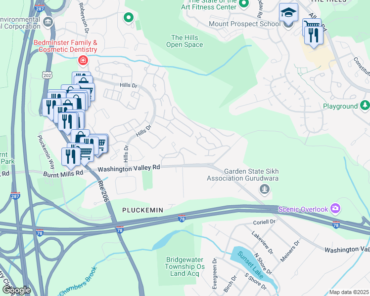 map of restaurants, bars, coffee shops, grocery stores, and more near 2 Spruce Court in Bedminster Township