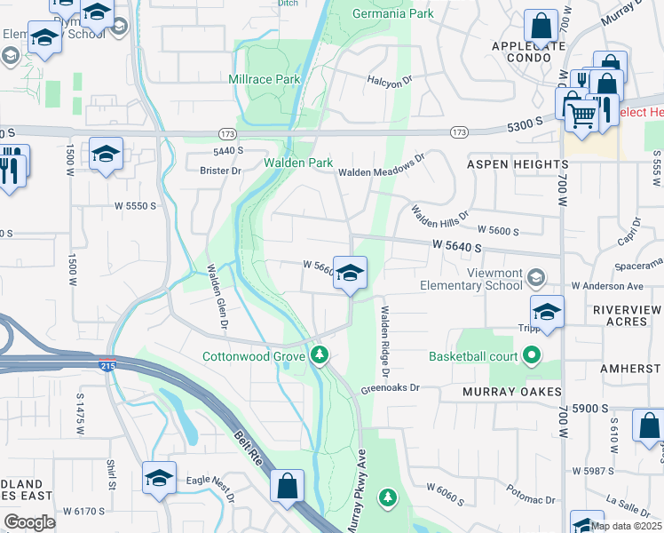 map of restaurants, bars, coffee shops, grocery stores, and more near 1054 West 5660 South in Murray