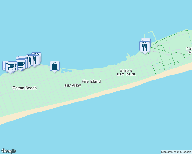 map of restaurants, bars, coffee shops, grocery stores, and more near 34 Laurel Avenue in Fire Island