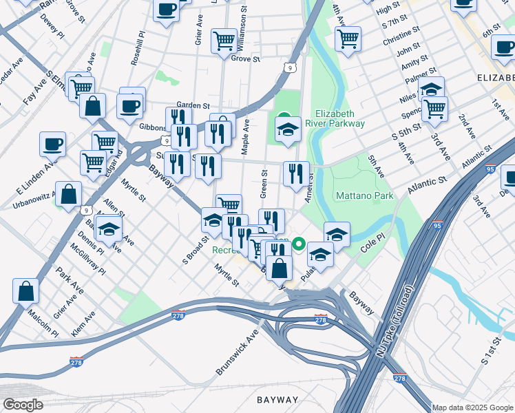 map of restaurants, bars, coffee shops, grocery stores, and more near 648 Maple Avenue in Elizabeth