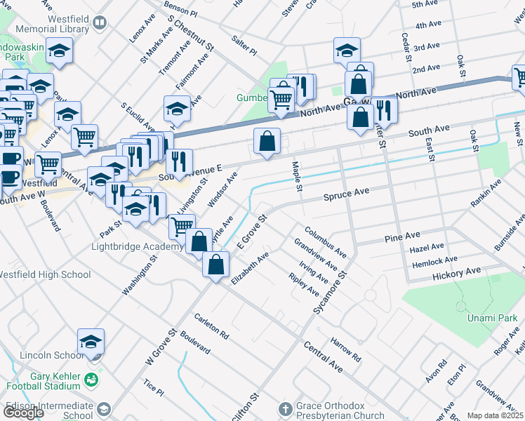 map of restaurants, bars, coffee shops, grocery stores, and more near 321 East Grove Street in Westfield