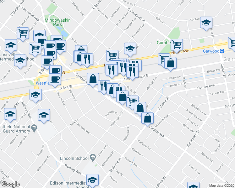 map of restaurants, bars, coffee shops, grocery stores, and more near 610 Stirling Place in Westfield