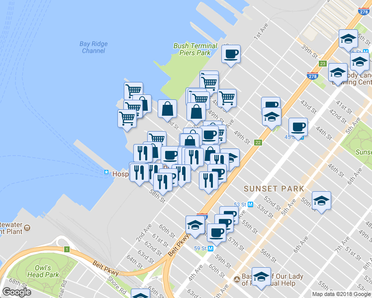 map of restaurants, bars, coffee shops, grocery stores, and more near 136 53rd St in Brooklyn