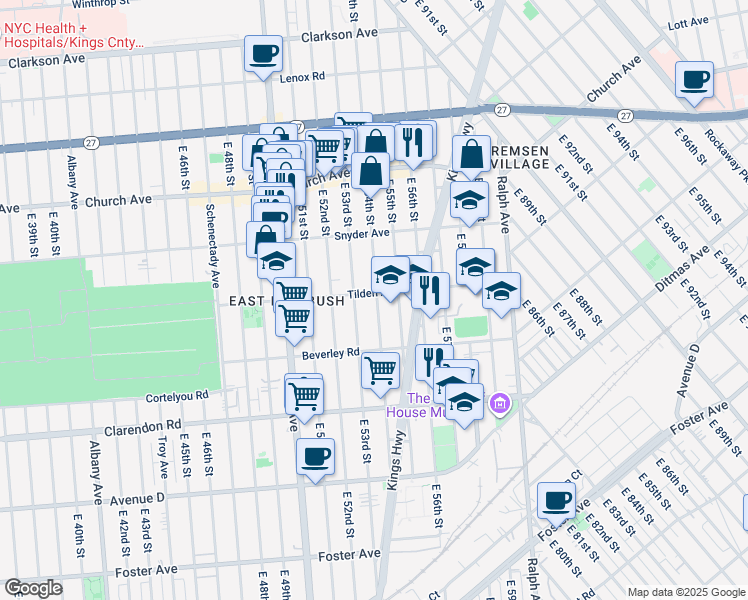 map of restaurants, bars, coffee shops, grocery stores, and more near 5401 Tilden Avenue in Brooklyn