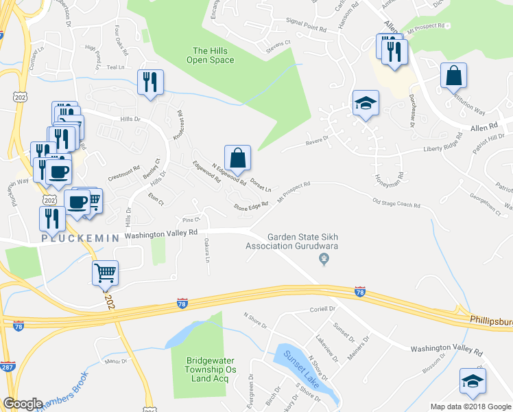 map of restaurants, bars, coffee shops, grocery stores, and more near 17 Stone Edge Road in Bedminster Township