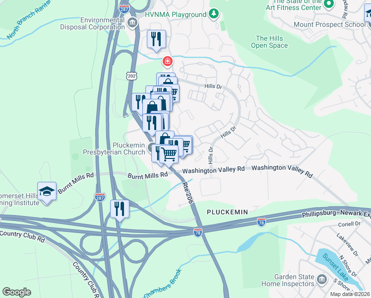 map of restaurants, bars, coffee shops, grocery stores, and more near 537 Pluckemin Park Court in Bedminster