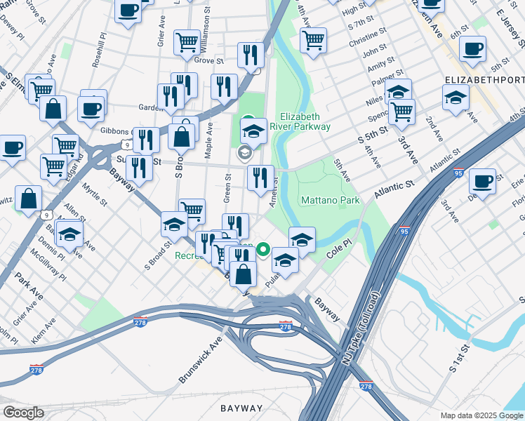 map of restaurants, bars, coffee shops, grocery stores, and more near 624B Clarkson Avenue in Elizabeth