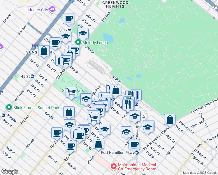 map of restaurants, bars, coffee shops, grocery stores, and more near 735 39th Street in Brooklyn