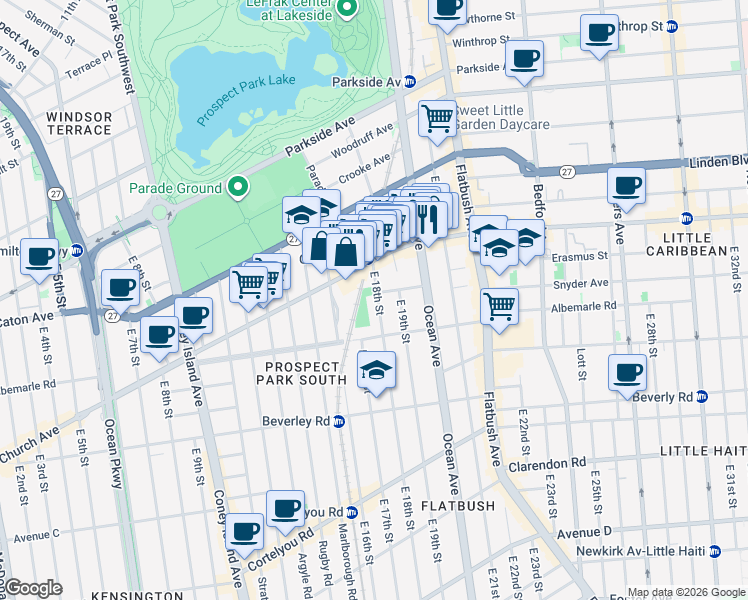 map of restaurants, bars, coffee shops, grocery stores, and more near 130 East 18th Street in Brooklyn