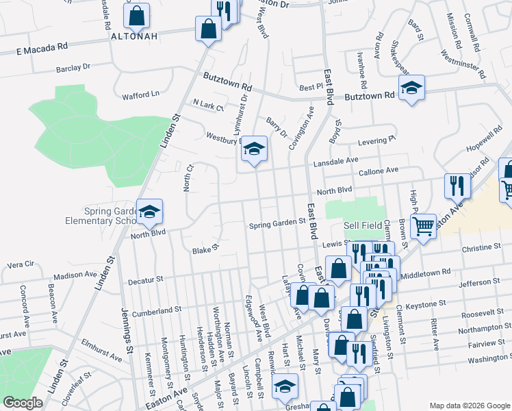 map of restaurants, bars, coffee shops, grocery stores, and more near 1205 North Boulevard in Bethlehem